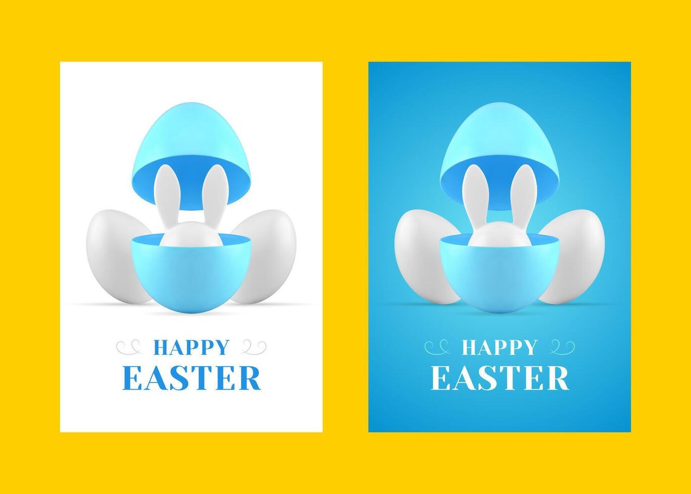 Happy Easter rabbit hiding in chicken egg half 3d greeting card set design template realistic vector