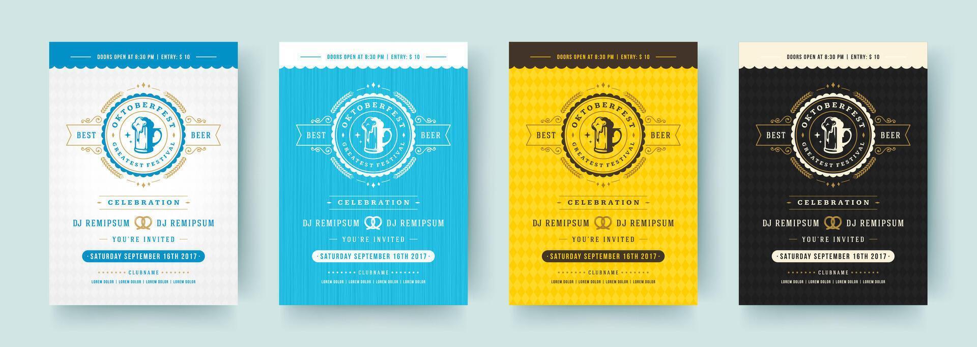 Oktoberfest flyers or posters retro typography templates design invitations beer festival celebration. vector