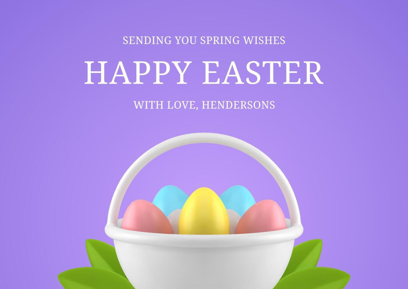 Happy Easter painted chicken eggs basket spring green leaves foliage 3d greeting card design template vector