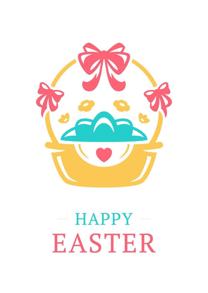 Happy Easter romantic basket with painted eggs vintage greeting card design template flat vector