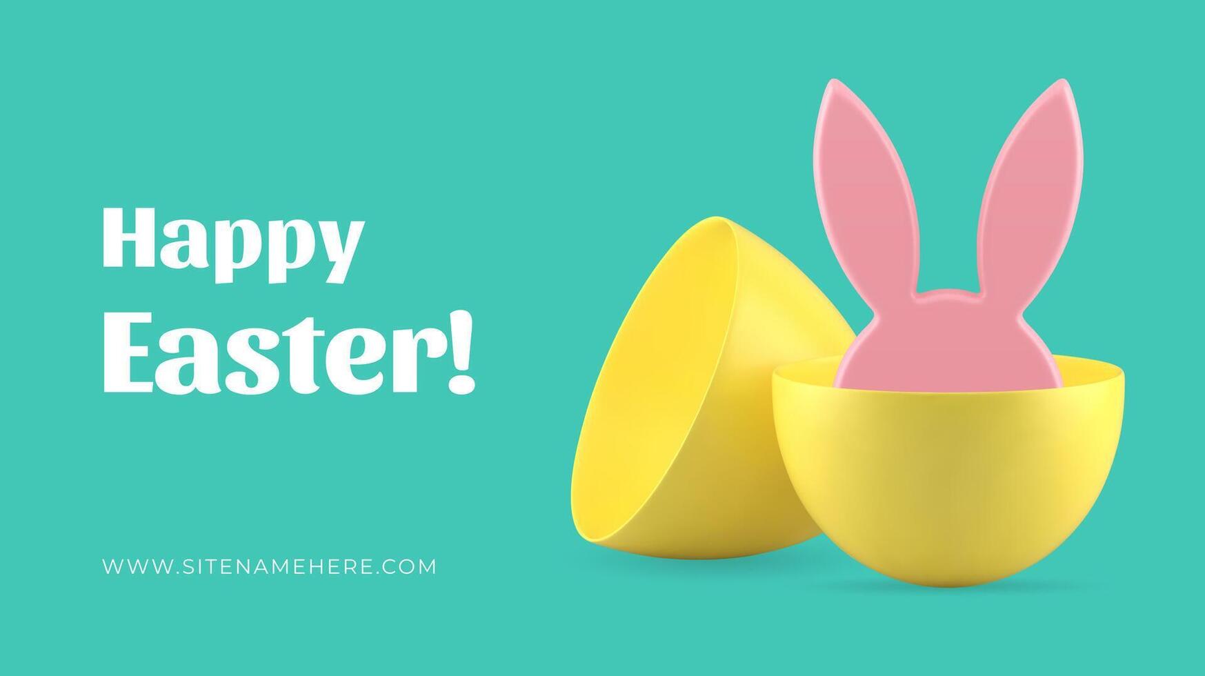 Happy Easter banner template design rabbit ears hiding in egg half realistic illustration vector