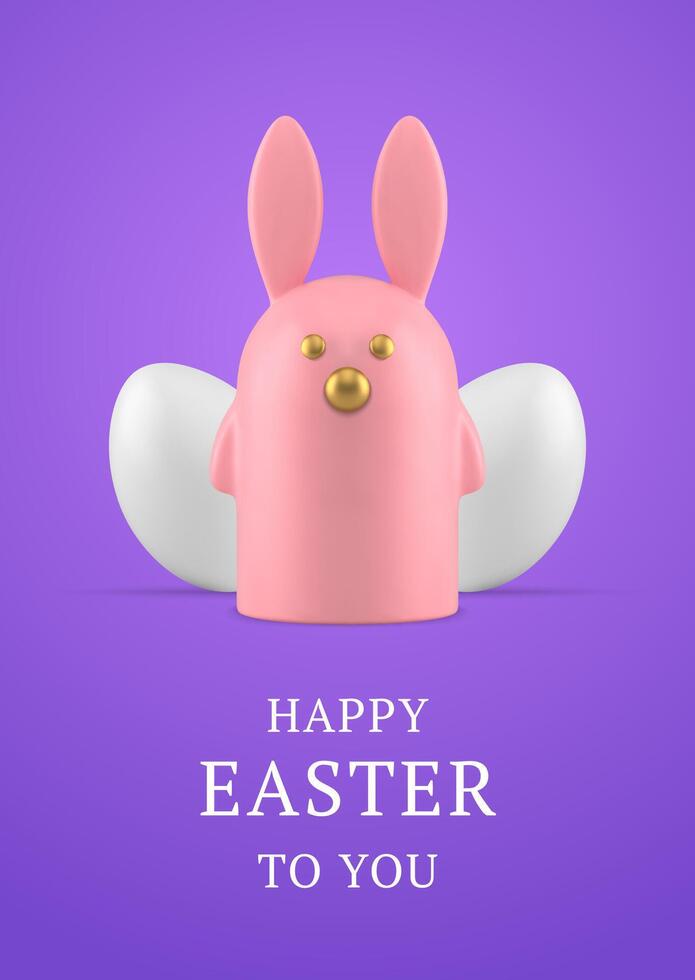 Happy Easter bunny character chicken eggs 3d greeting card design template realistic vector