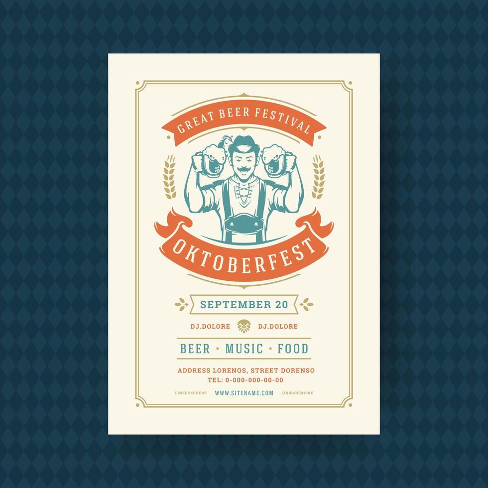 Oktoberfest volantes o póster retro tipografía modelo diseño invitación cerveza festival celebracion ilustración. vector