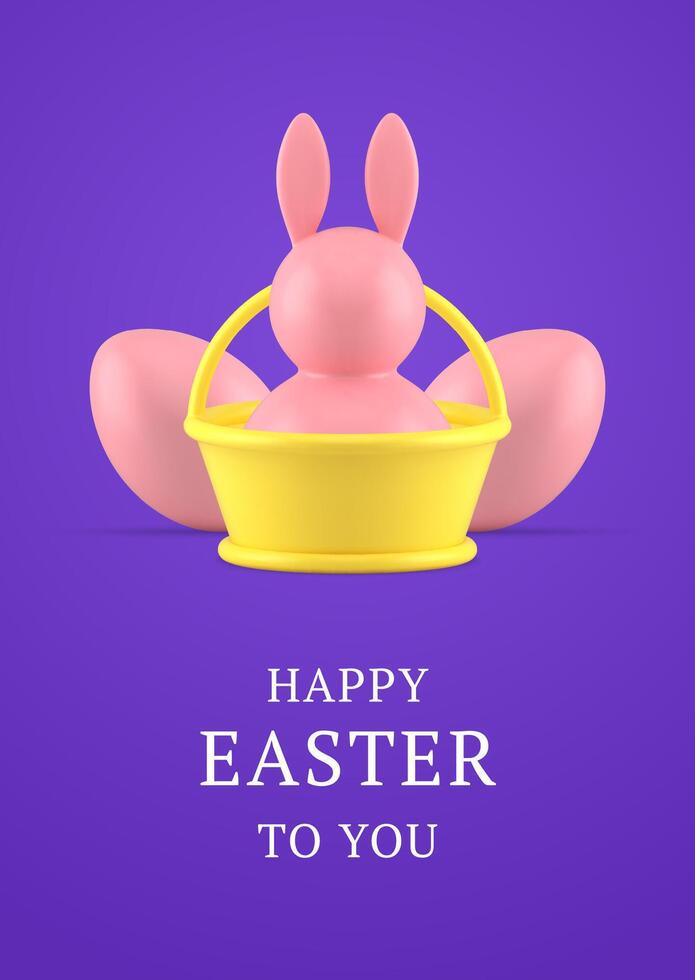 Happy Easter 3d greeting card bunny bauble in basket chicken eggs design template realistic vector