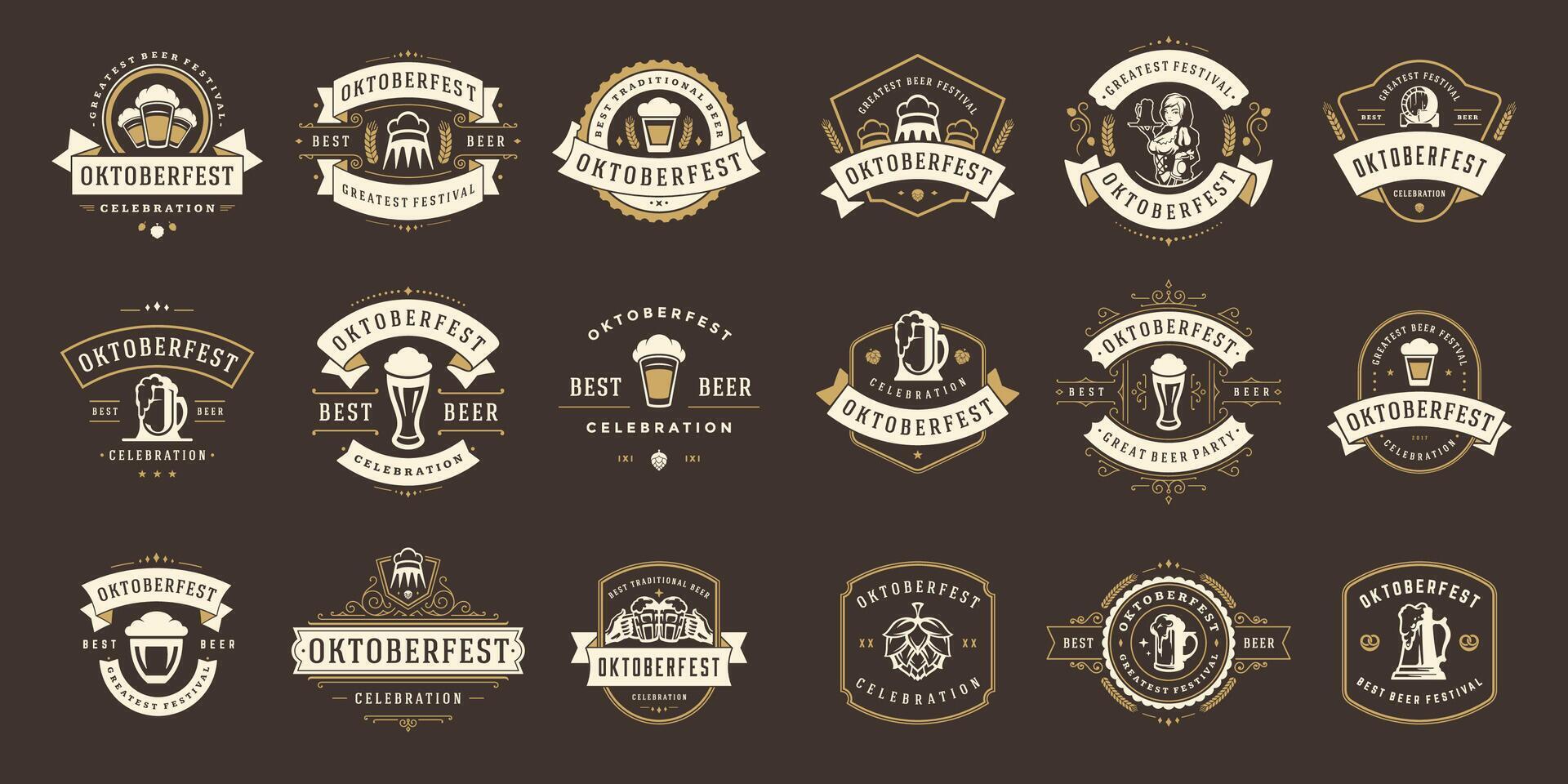 Oktoberfest badges and labels set vintage typographic design templates illustration. vector