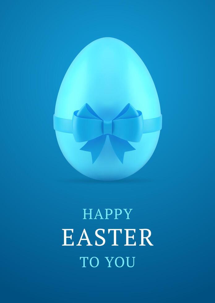 Happy Easter chicken egg festive bow ribbon blue 3d greeting card design template realistic vector