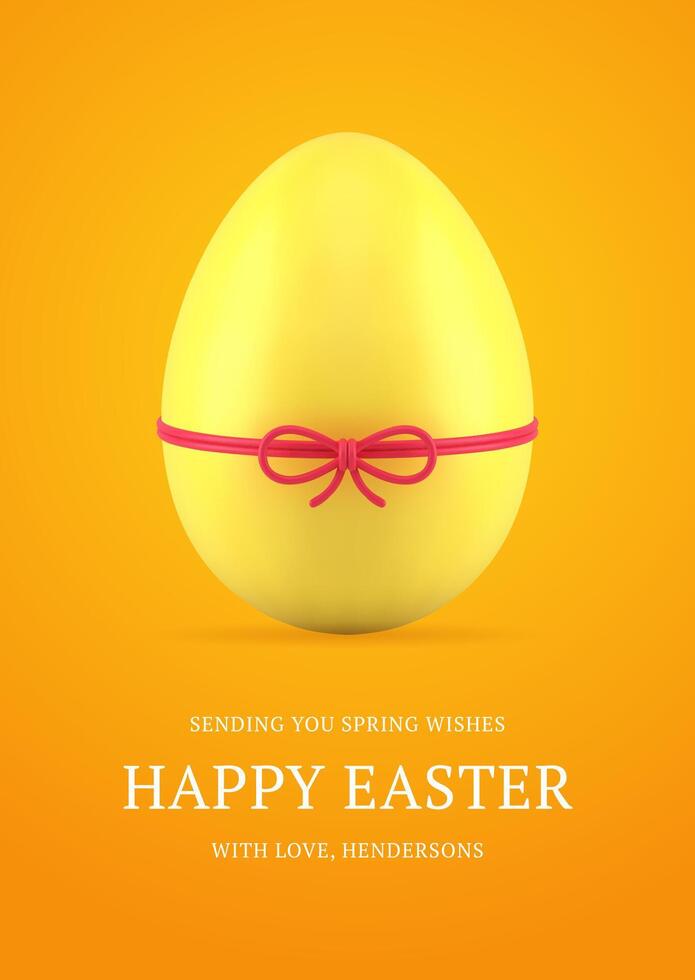 Happy Easter yellow chicken egg tied by ribbon bow 3d greeting card design template realistic vector