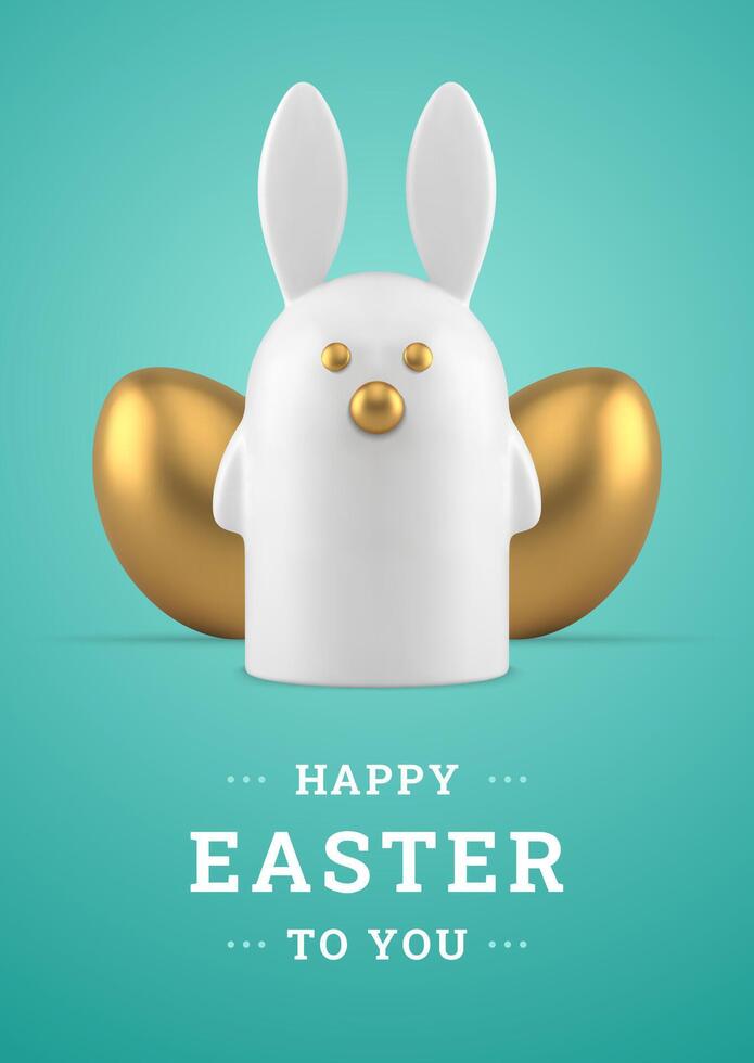 Easter bunny golden metallic chicken eggs 3d greeting card design template realistic vector