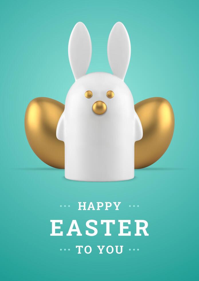 Easter bunny golden metallic chicken eggs 3d greeting card design template realistic vector