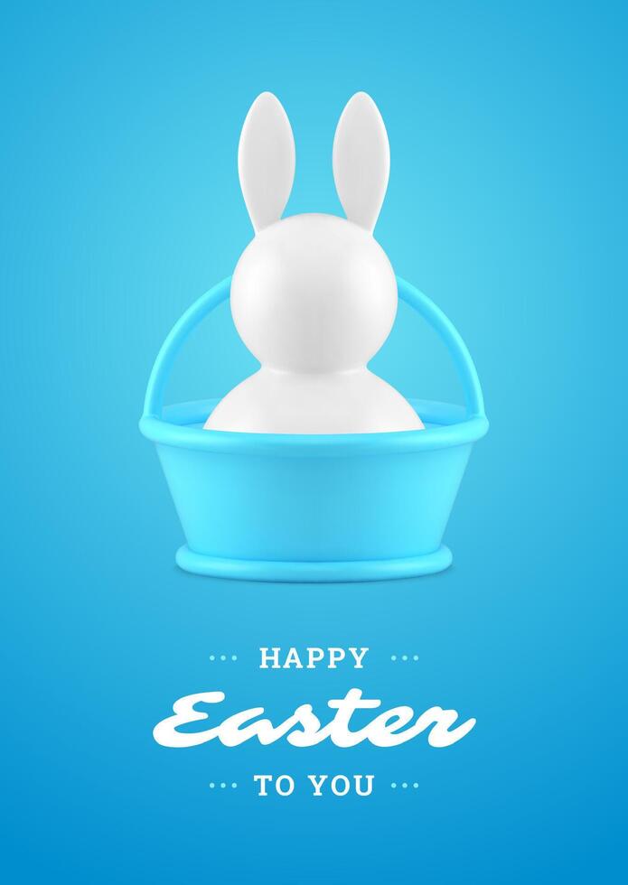 Happy Easter bunny blue basket 3d greeting card design template realistic illustration vector