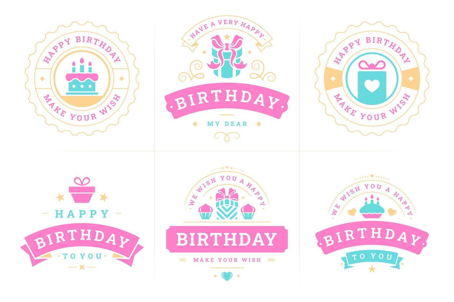 Happy birthday pink ribbon vintage label and badge set for greeting card design flat vector