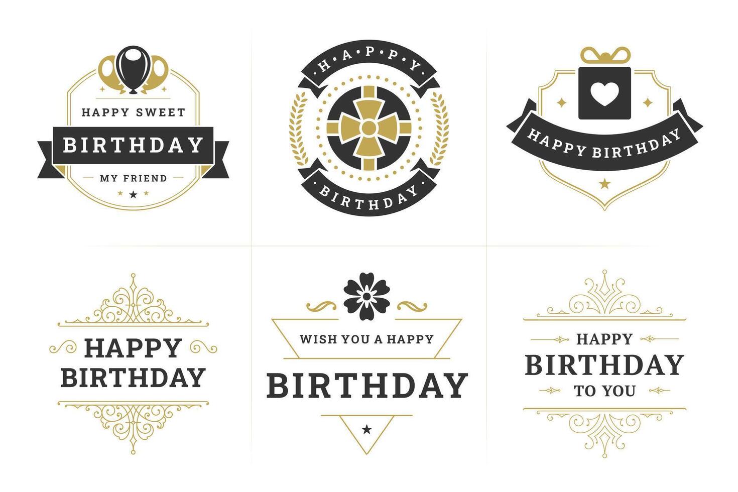 Happy birthday black golden fashion vintage label and badge set for greeting card design flat vector