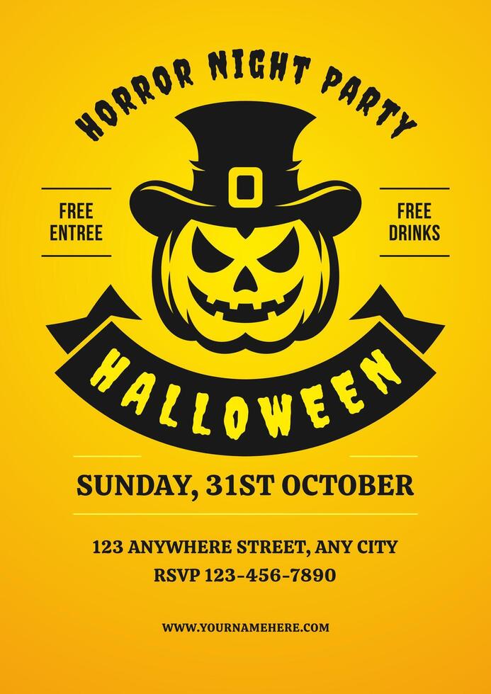 Halloween horror night music party flyer design template yellow retro poster flat vector
