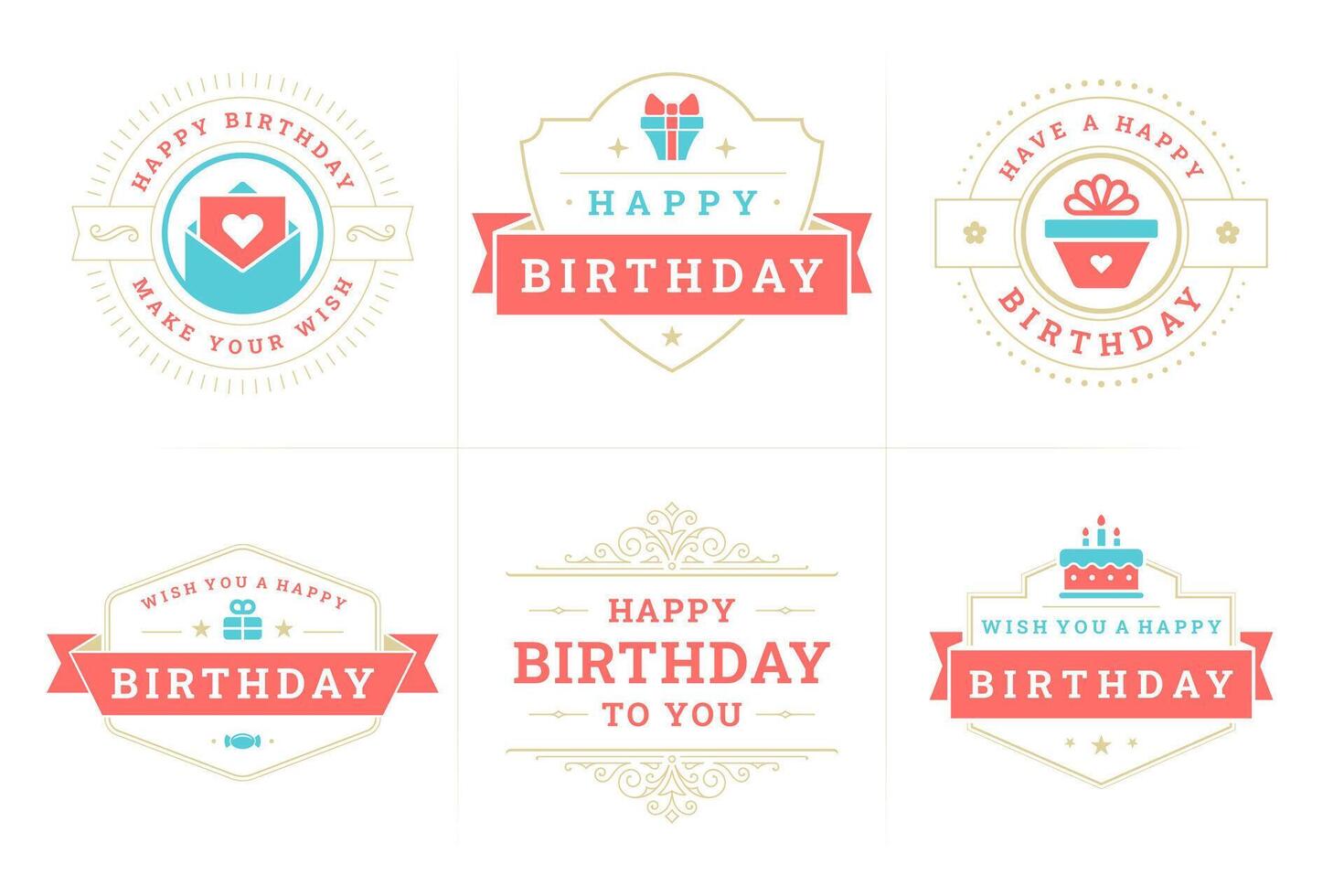 Happy birthday vintage ornate emblem and badge set for greeting card design flat vector