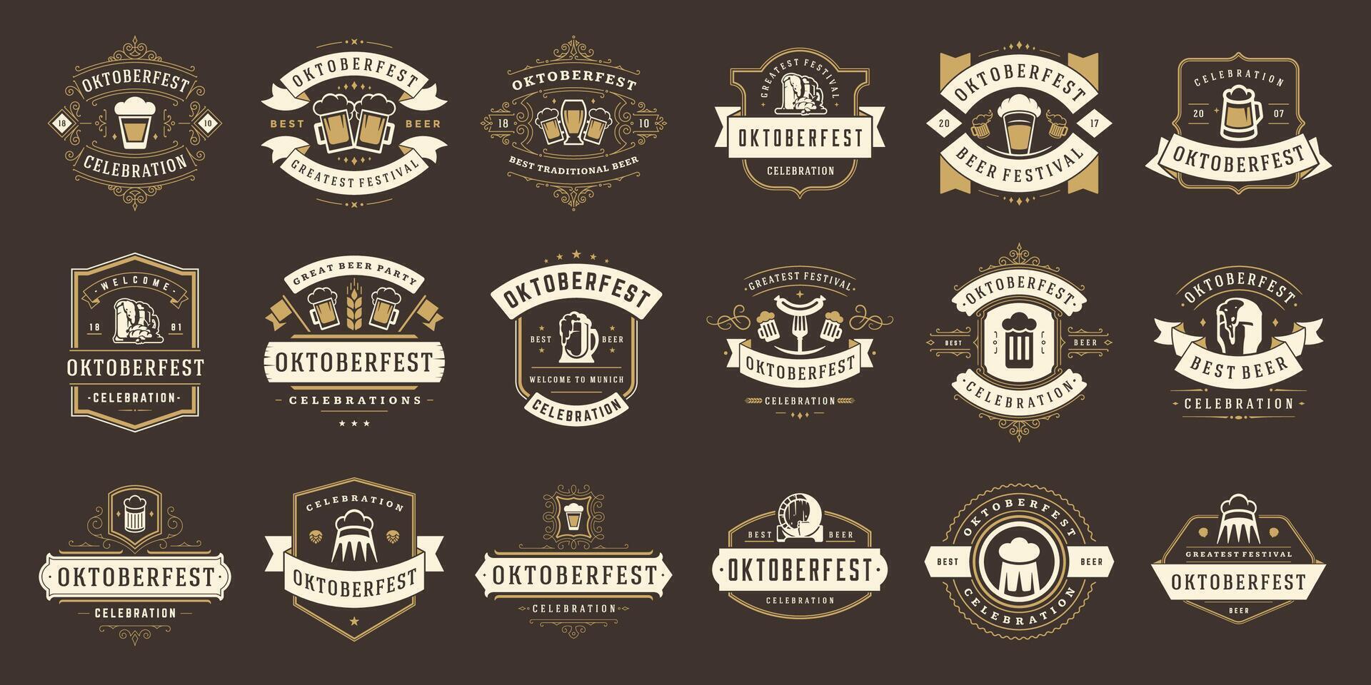 Oktoberfest badges and labels set vintage typographic design templates illustration. vector