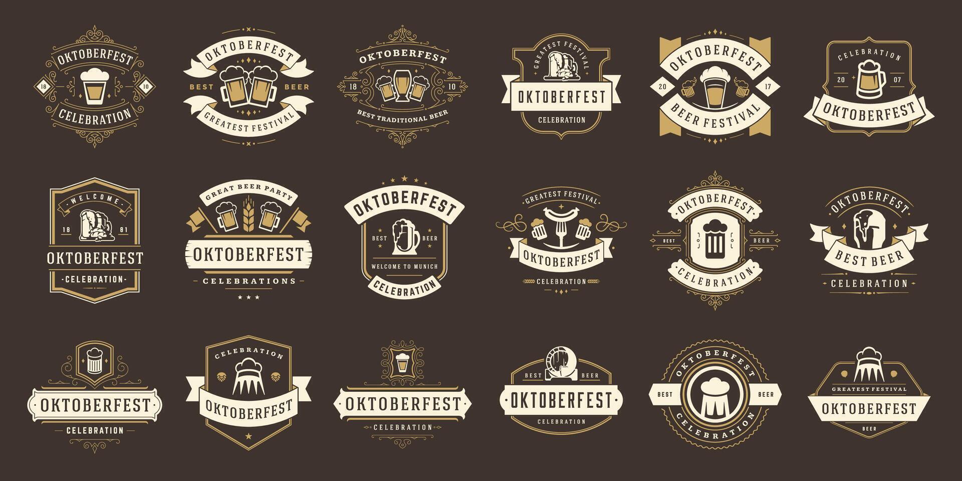 Oktoberfest insignias y etiquetas conjunto Clásico tipográfico diseño plantillas ilustración. vector