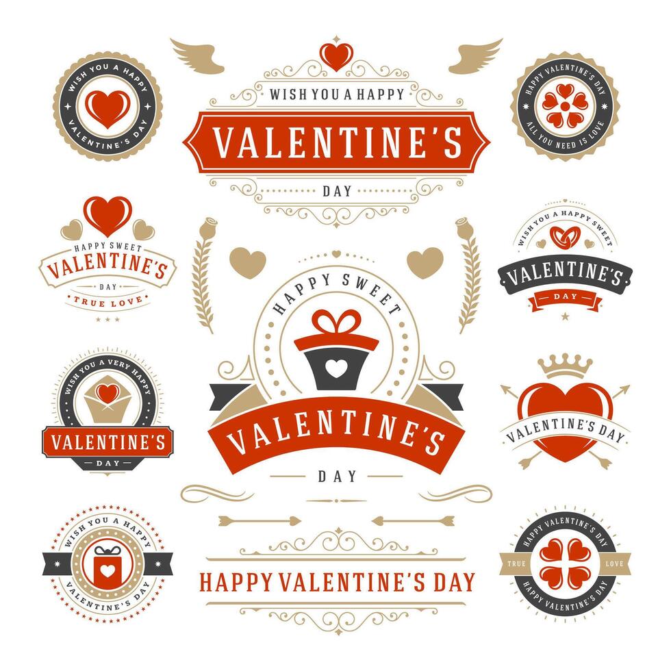 san valentin día etiquetas y tarjetas colocar, corazón íconos símbolos, saludos tarjetas, siluetas vector