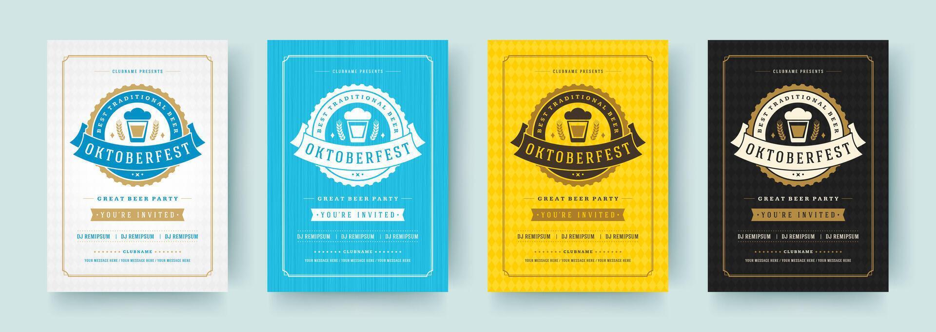 Oktoberfest volantes o carteles retro tipografía plantillas diseño invitaciones cerveza festival celebracion. vector