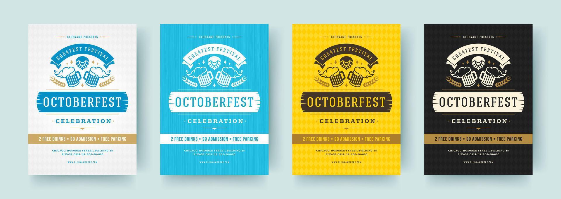 Oktoberfest volantes o carteles retro tipografía plantillas diseño invitaciones cerveza festival celebracion. vector