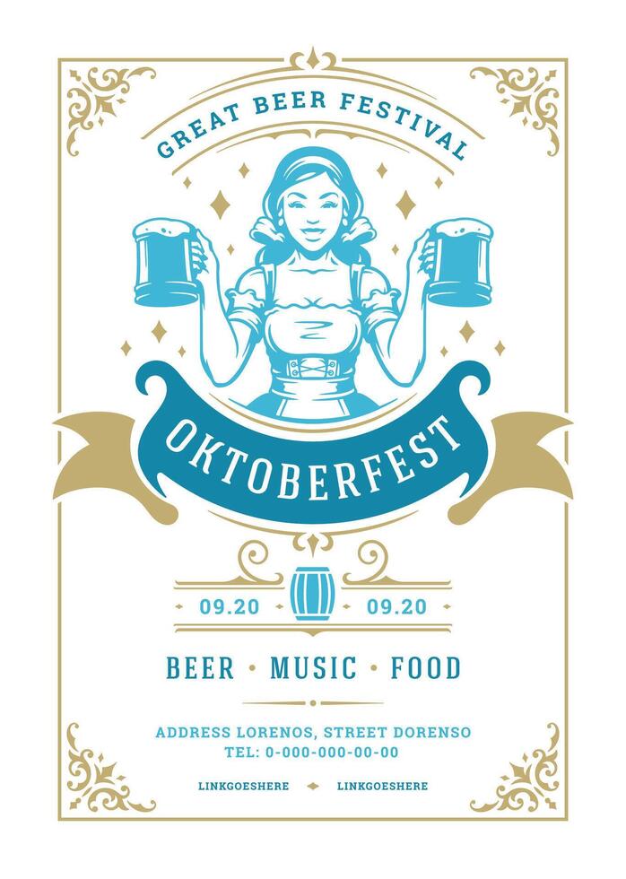 Oktoberfest flyer or poster retro typography template design invitation beer festival celebration illustration. vector