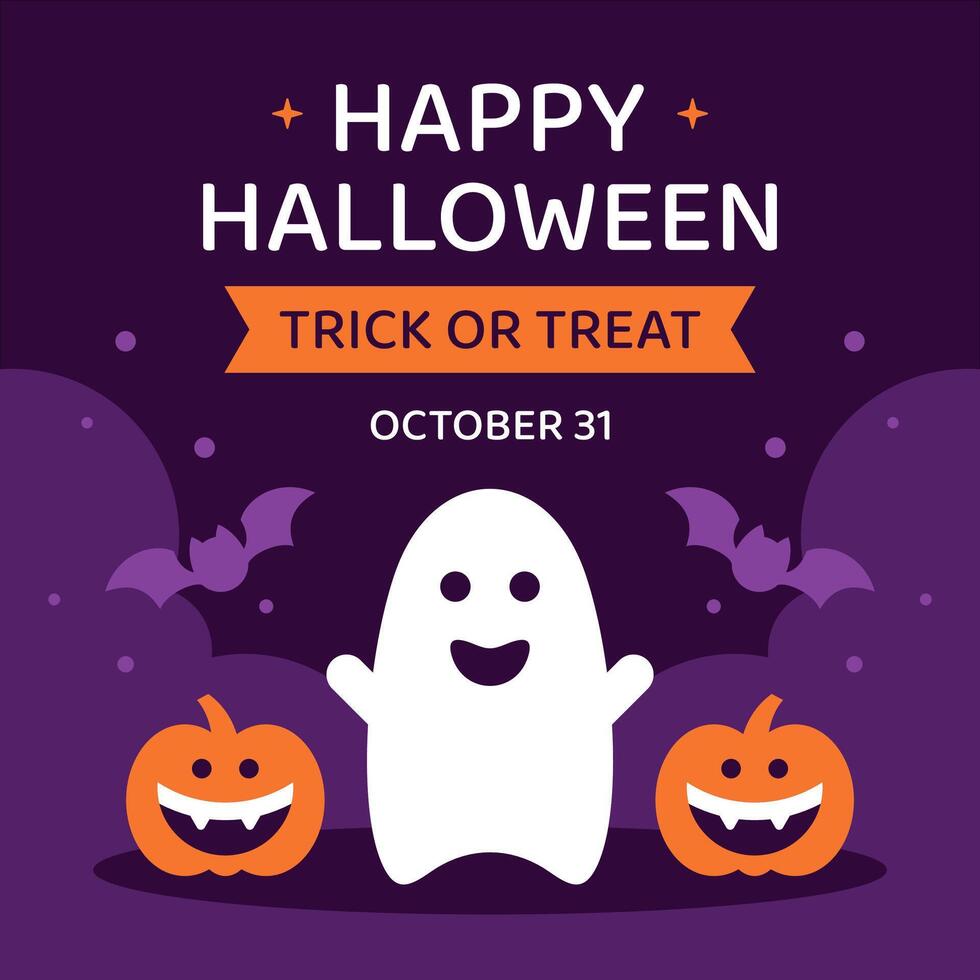 Happy Halloween trick or treat kids greeting card social media post design template flat vector