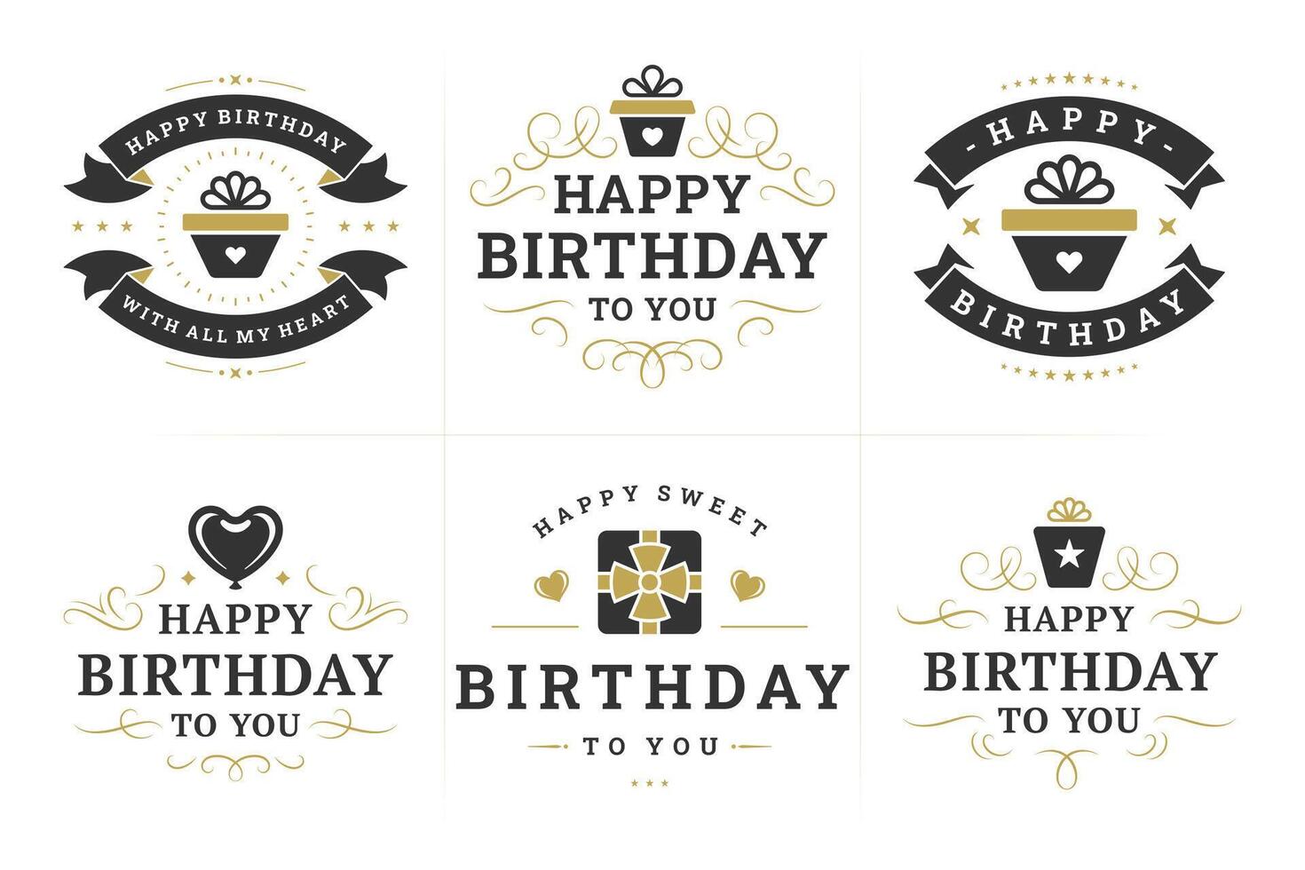 Happy birthday black luxury brutal vintage emblem and badge set for greeting card design flat vector