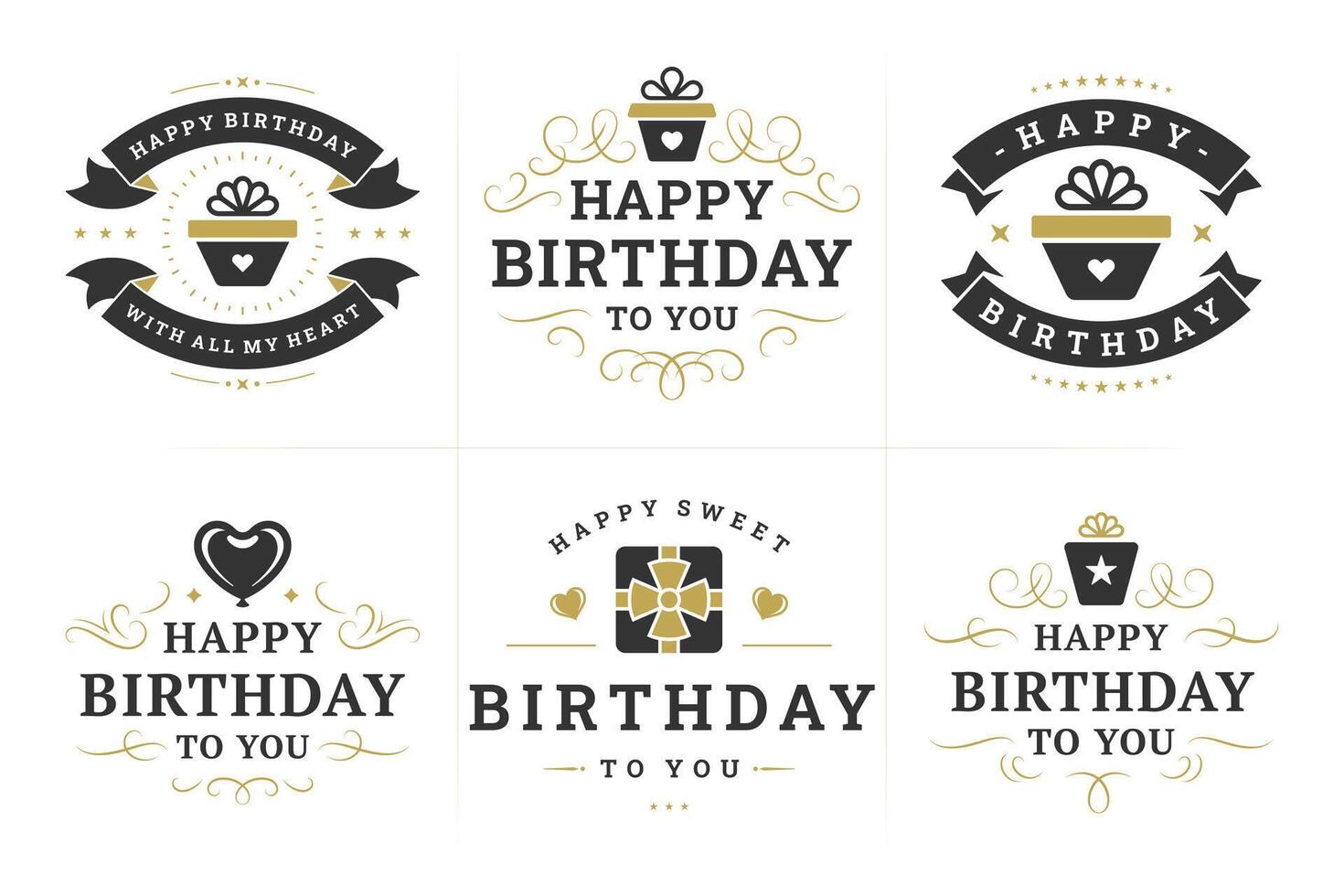 Happy birthday black luxury brutal vintage emblem and badge set for greeting card design flat vector