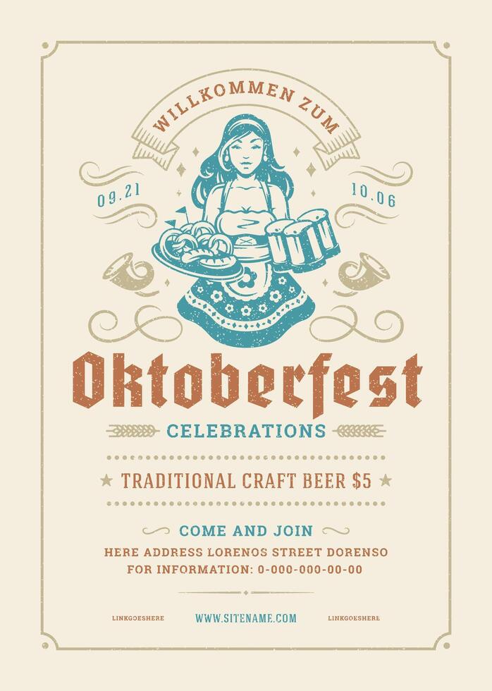 Oktoberfest volantes o póster retro tipografía modelo diseño invitación cerveza festival celebracion ilustración. vector