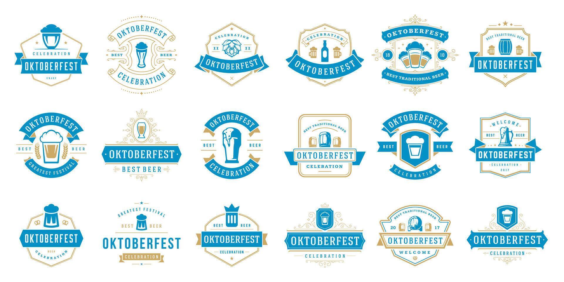 Oktoberfest insignias y etiquetas conjunto Clásico tipográfico diseño plantillas ilustración. vector