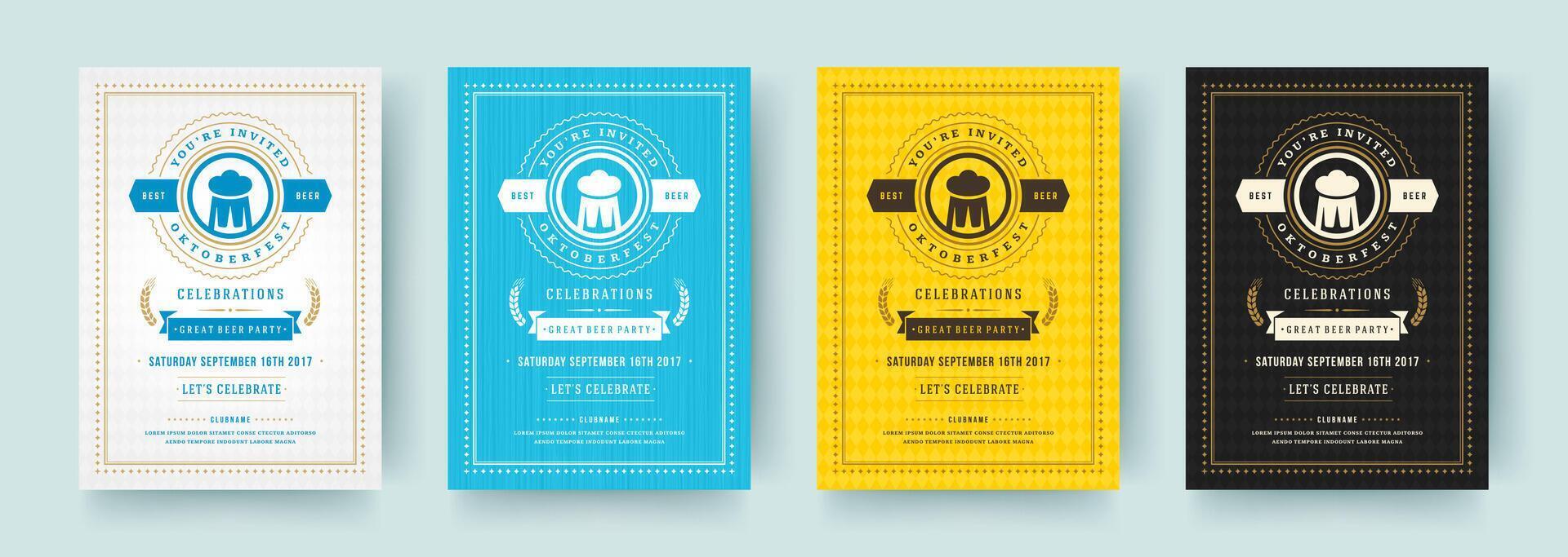 Oktoberfest flyers or posters retro typography templates design invitations beer festival celebration. vector