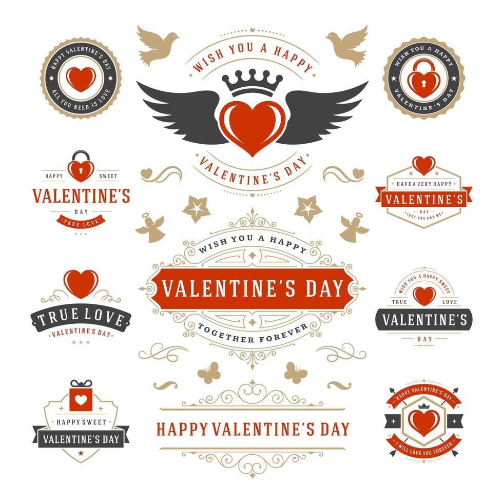 Valentines Day Labels and Cards Set, Heart Icons Symbols, Greetings Cards, Silhouettes vector