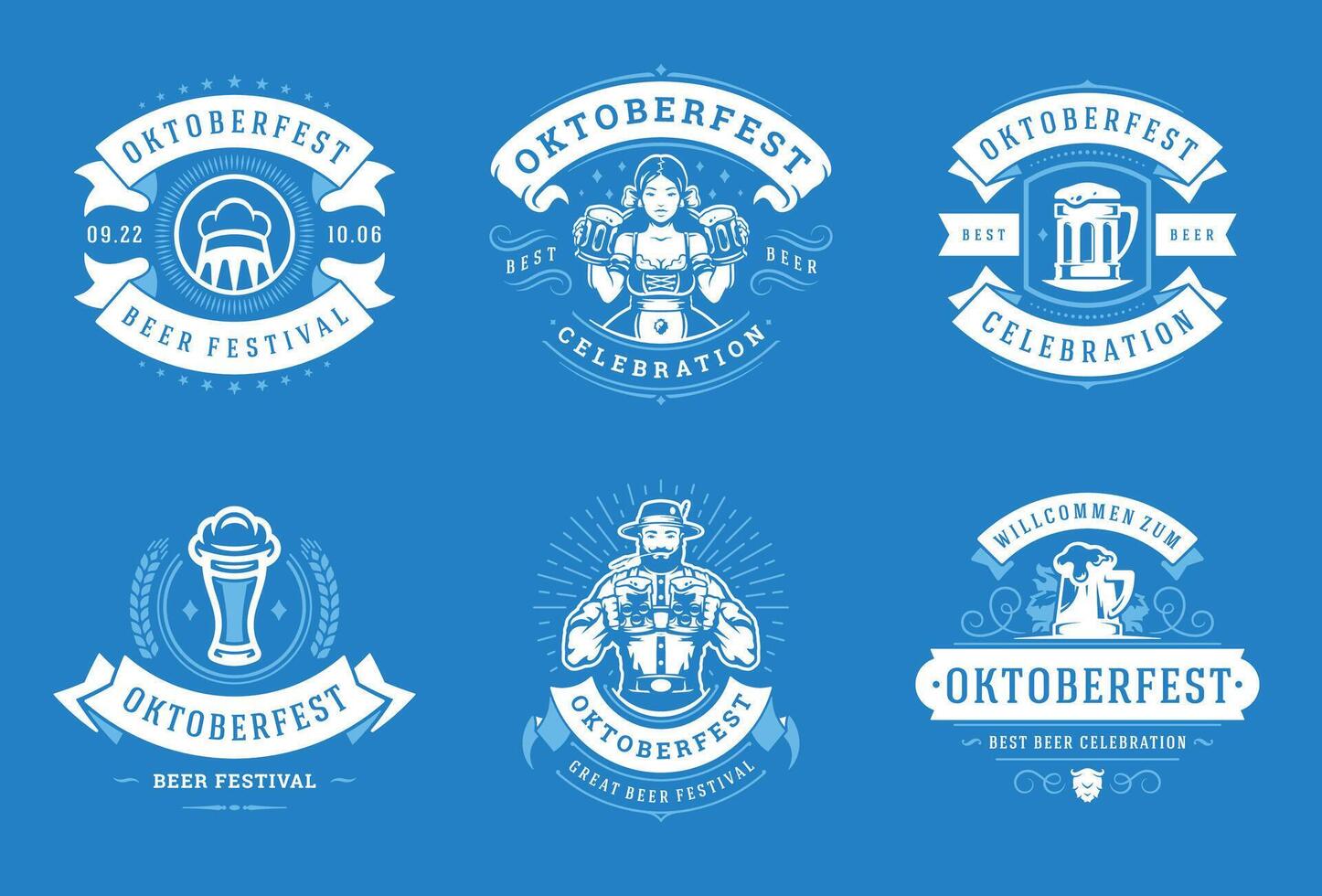 Oktoberfest insignias y etiquetas conjunto Clásico tipográfico diseño plantillas ilustración. vector