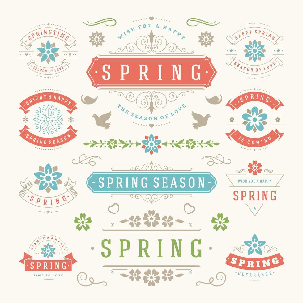 Spring Typographic Design Set. Retro and Vintage Style Templates. vector