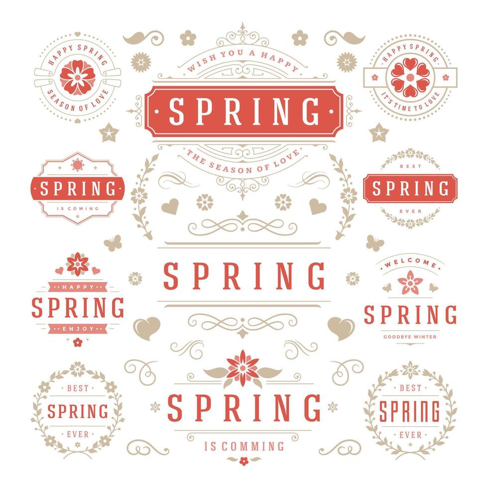 Spring Typographic Design Set. Retro and Vintage Style Templates. vector