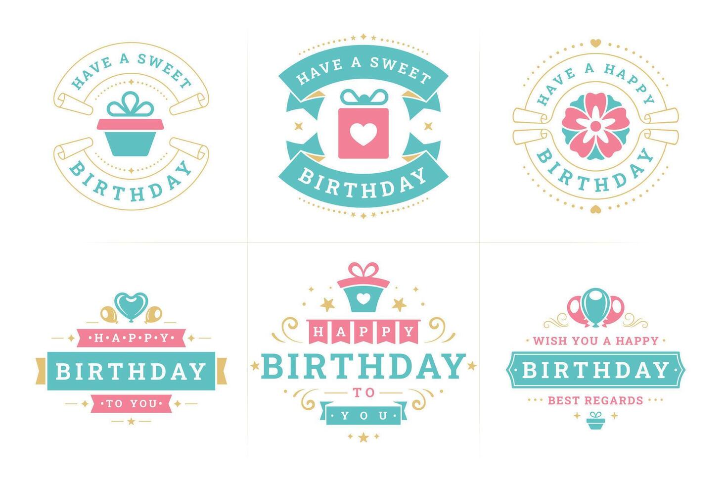 Happy birthday vintage festive label and badge set greeting card holiday design flat vector