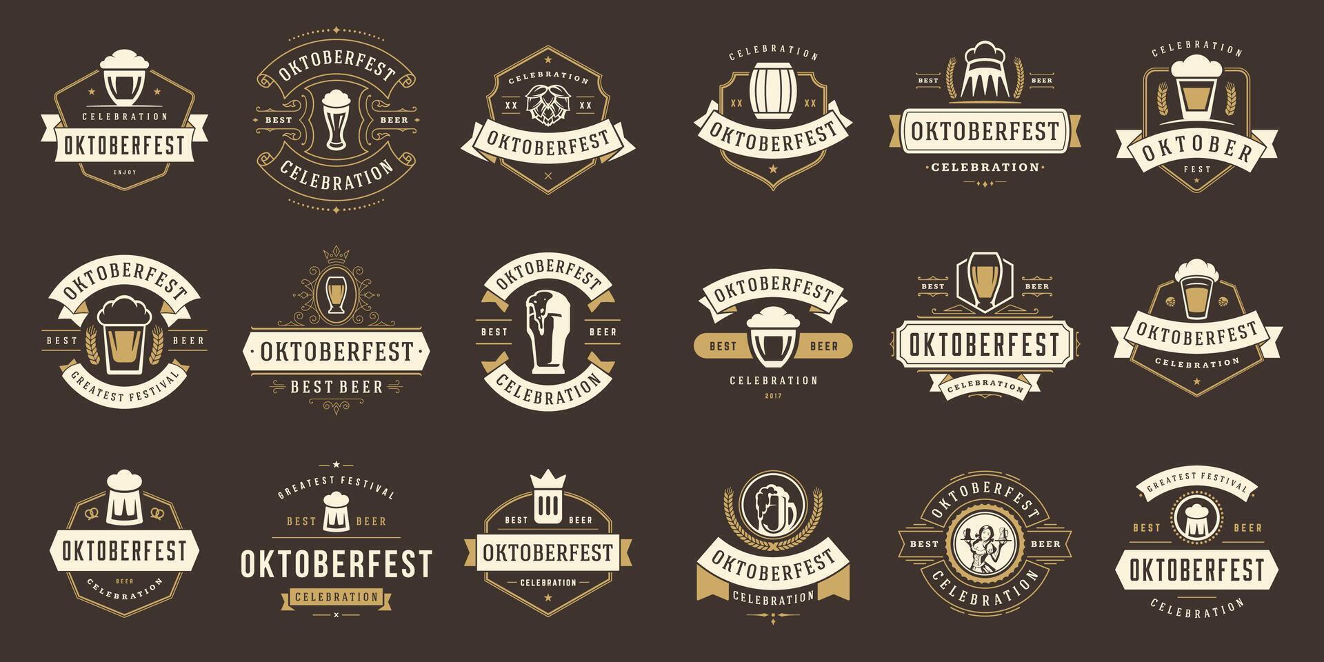 Oktoberfest insignias y etiquetas conjunto Clásico tipográfico diseño plantillas ilustración. vector