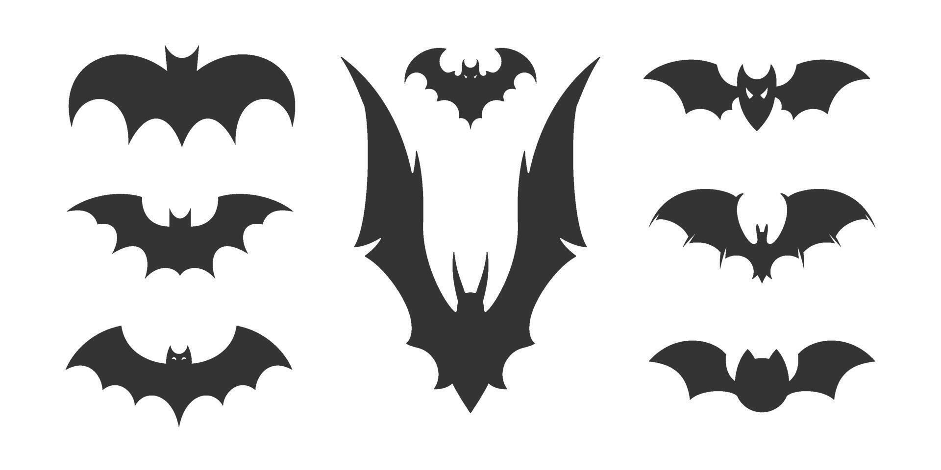 Halloween flying bat black silhouette with open wings different shape icon set flat vector