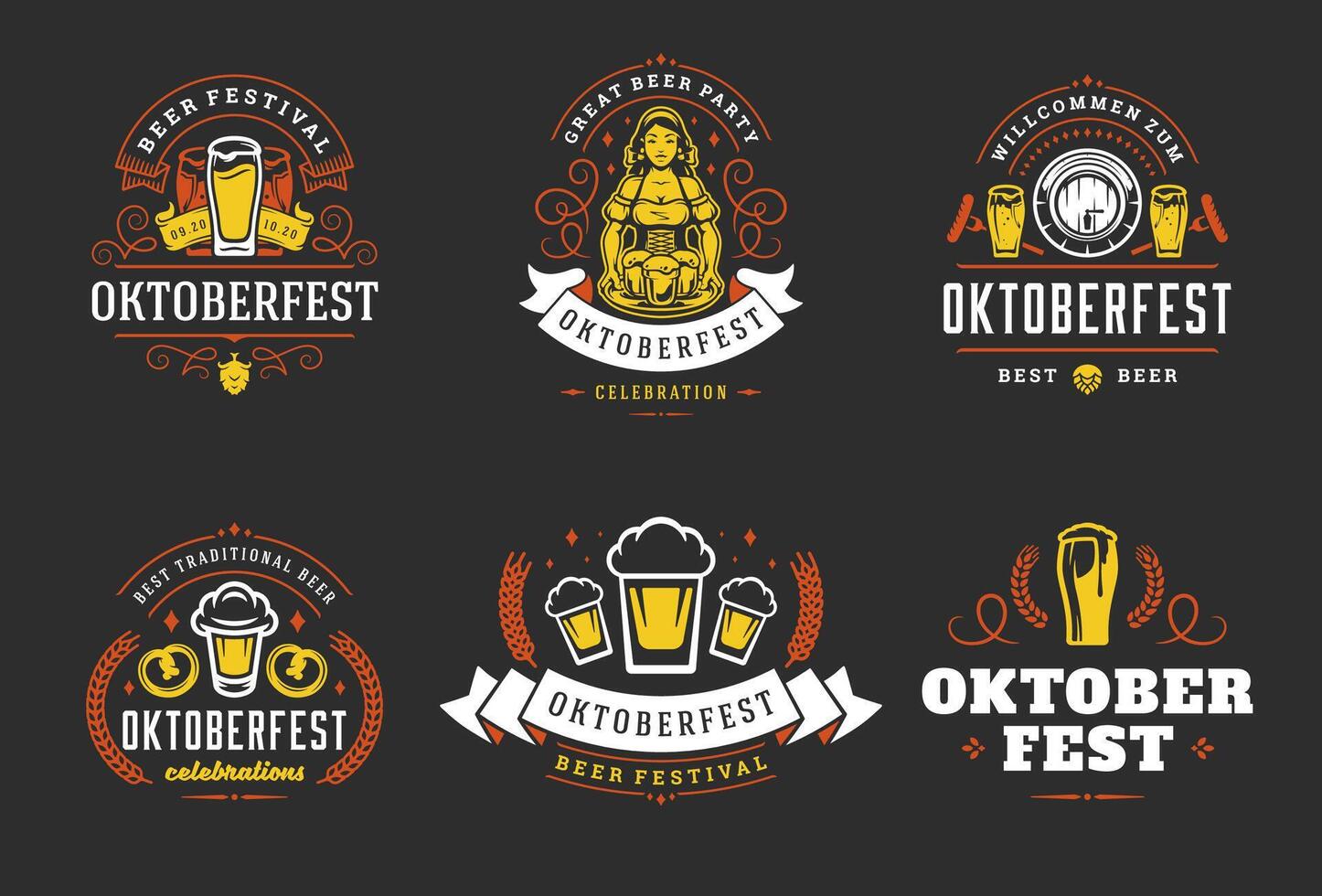 Oktoberfest insignias y etiquetas conjunto Clásico tipográfico diseño plantillas ilustración. vector