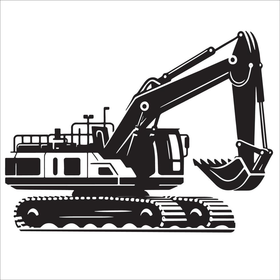 Excavator illustration in black and white vector