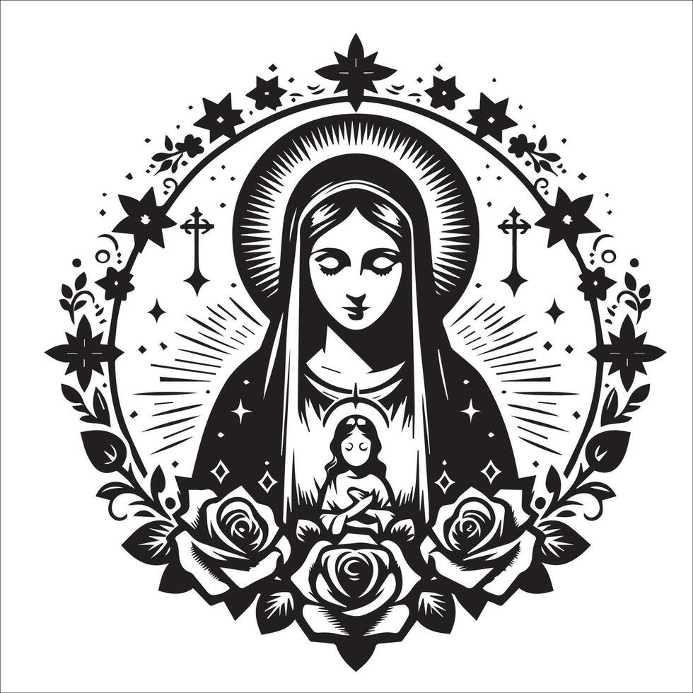 Virgen María y bebé Jesús con flores vector