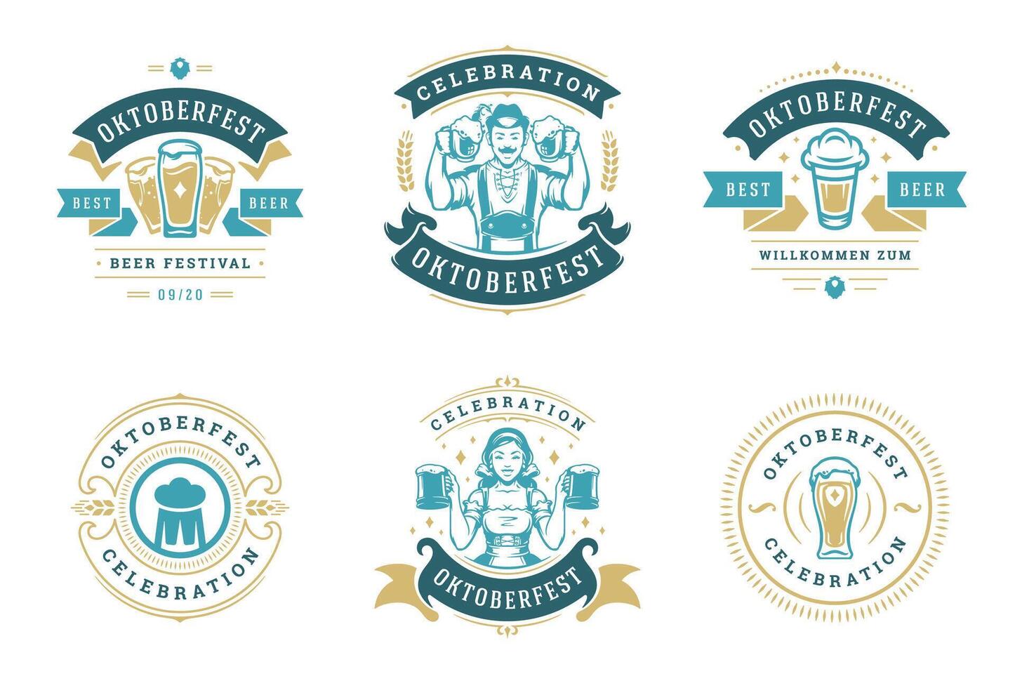 Oktoberfest insignias y etiquetas conjunto Clásico tipográfico diseño plantillas ilustración. vector