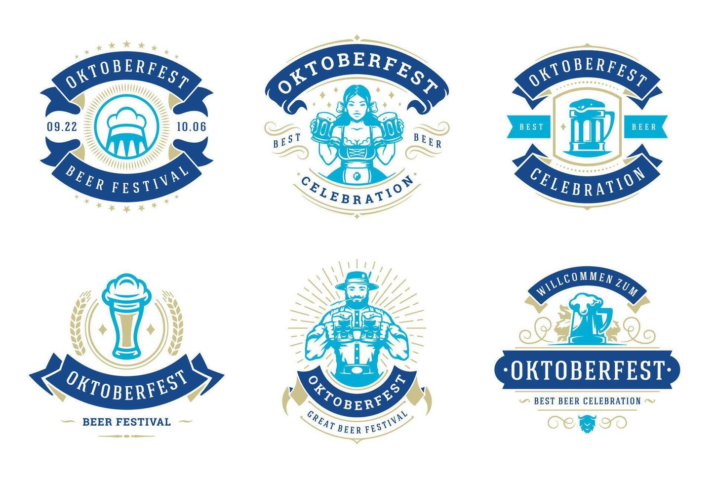 Oktoberfest insignias y etiquetas conjunto Clásico tipográfico diseño plantillas ilustración. vector