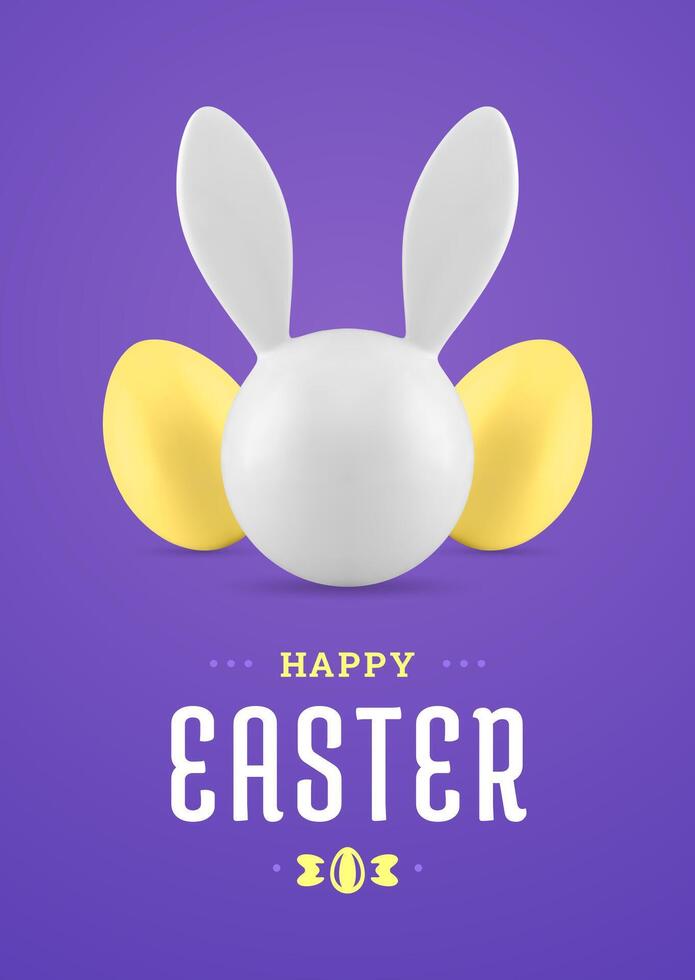 Happy Easter rabbit chicken eggs 3d greeting card holiday congrats design template realistic illustration vector