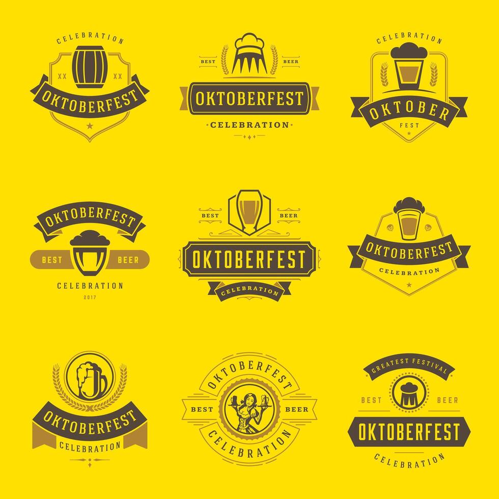 Oktoberfest celebracion cerveza festival etiquetas, insignias y logos conjunto vector