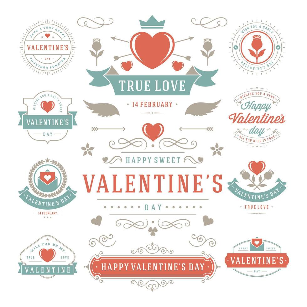 Valentines Day Labels and Cards Set, Heart Icons Symbols, Greetings Cards, Silhouettes vector