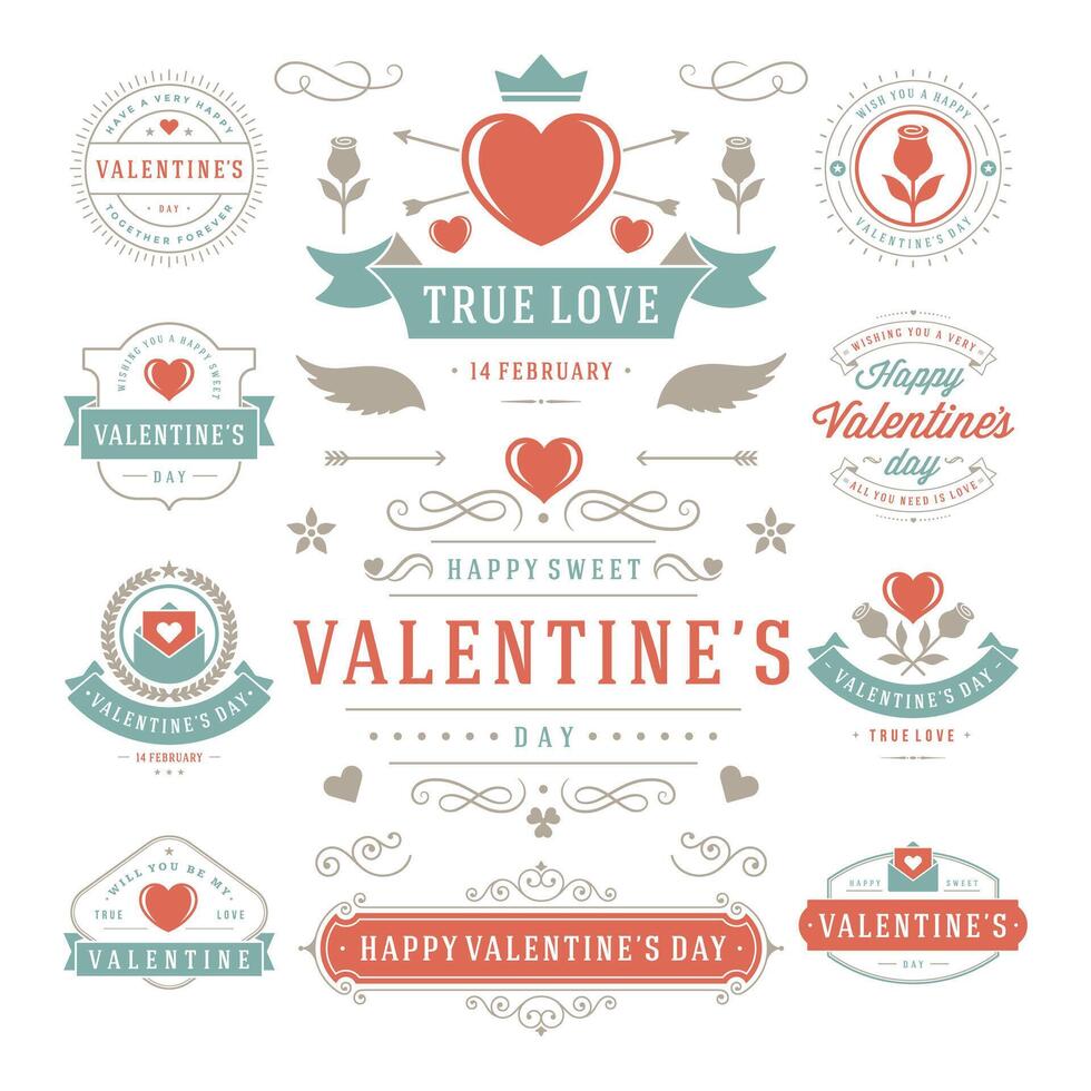 san valentin día etiquetas y tarjetas colocar, corazón íconos símbolos, saludos tarjetas, siluetas vector