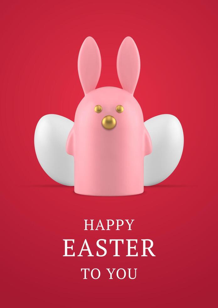 Happy Easter bunny character chicken eggs 3d greeting card design template realistic illustration vector