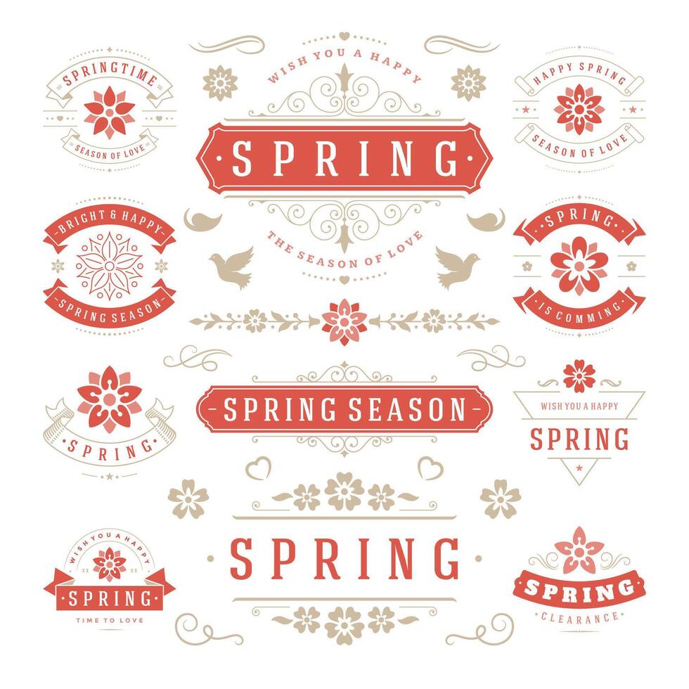 Spring Typographic Design Set. Retro and Vintage Style Templates. vector