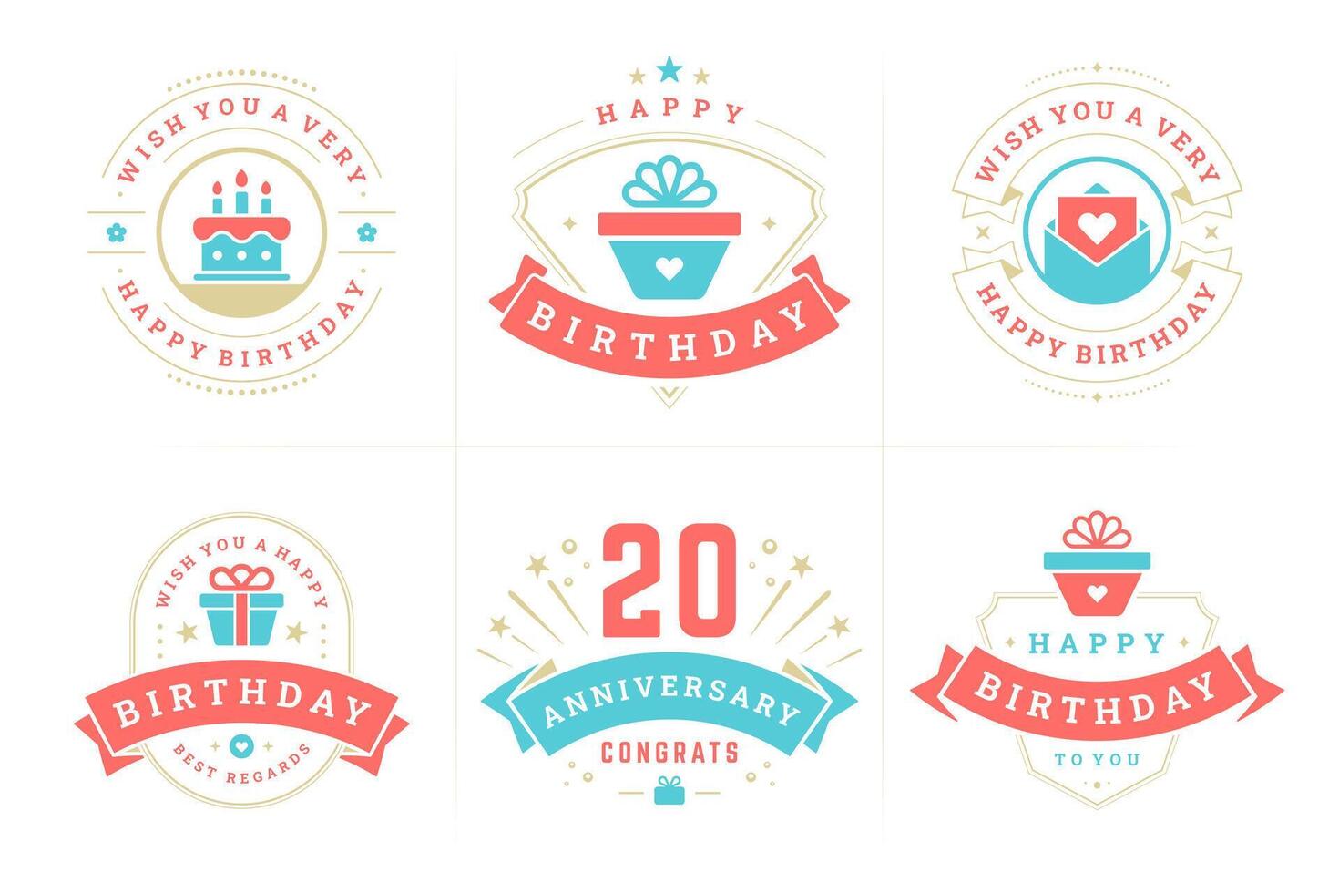 Happy birthday anniversary vintage emblem and badge set for greeting card design flat vector