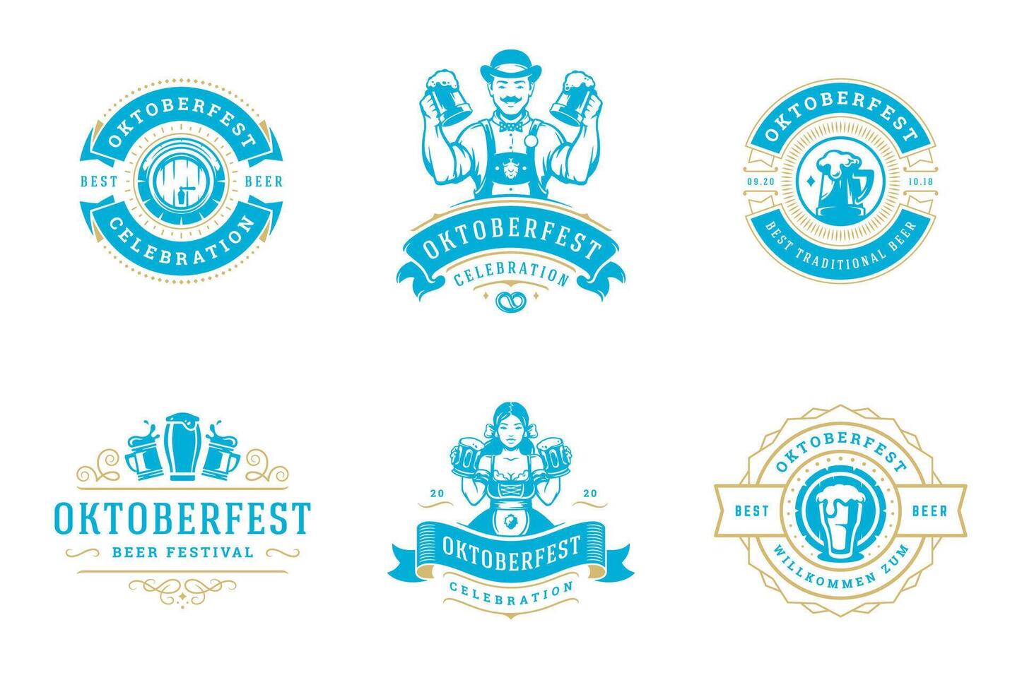 Oktoberfest insignias y etiquetas conjunto Clásico tipográfico diseño plantillas ilustración. vector